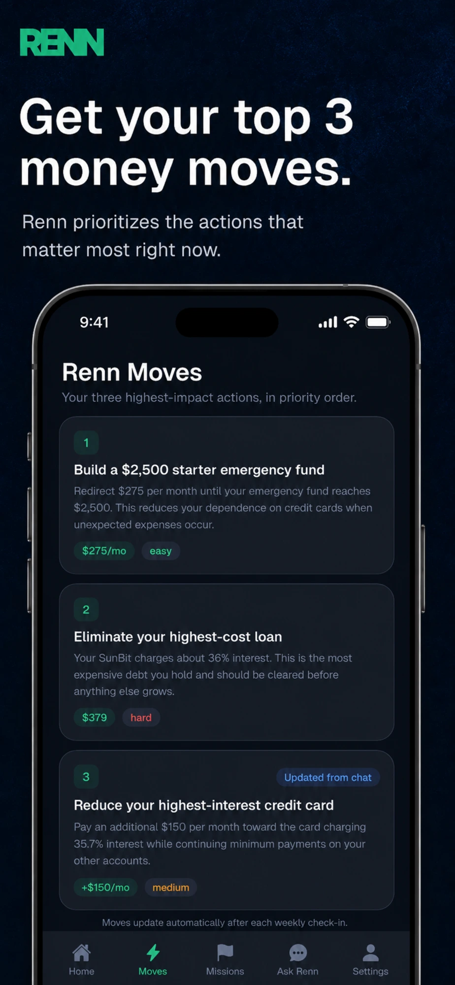 Renn app showing your top three money moves