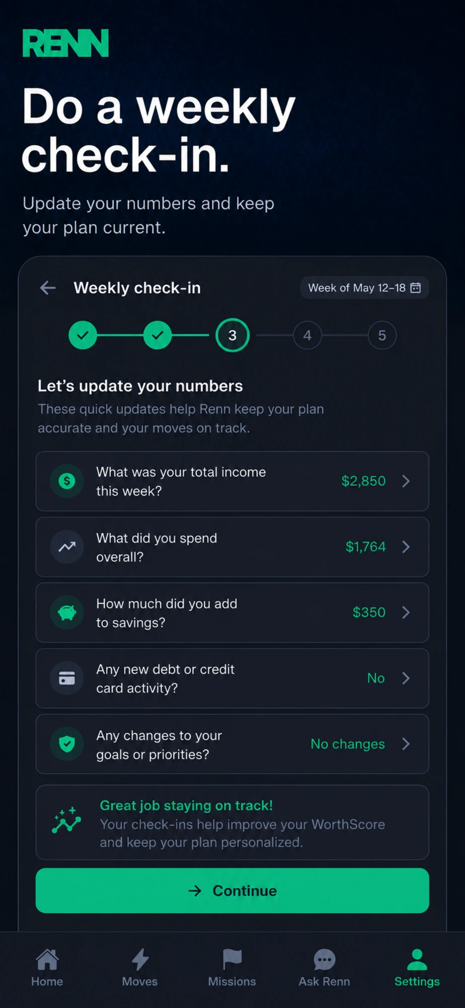 Renn weekly check-in screen