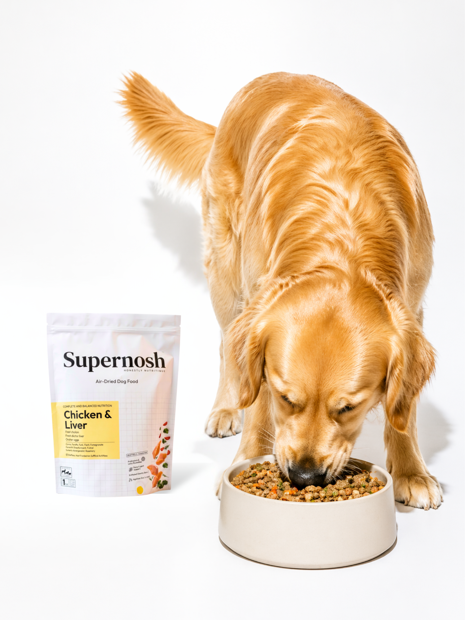 Golden retriever eating Supernosh Chicken & Liver from a bowl