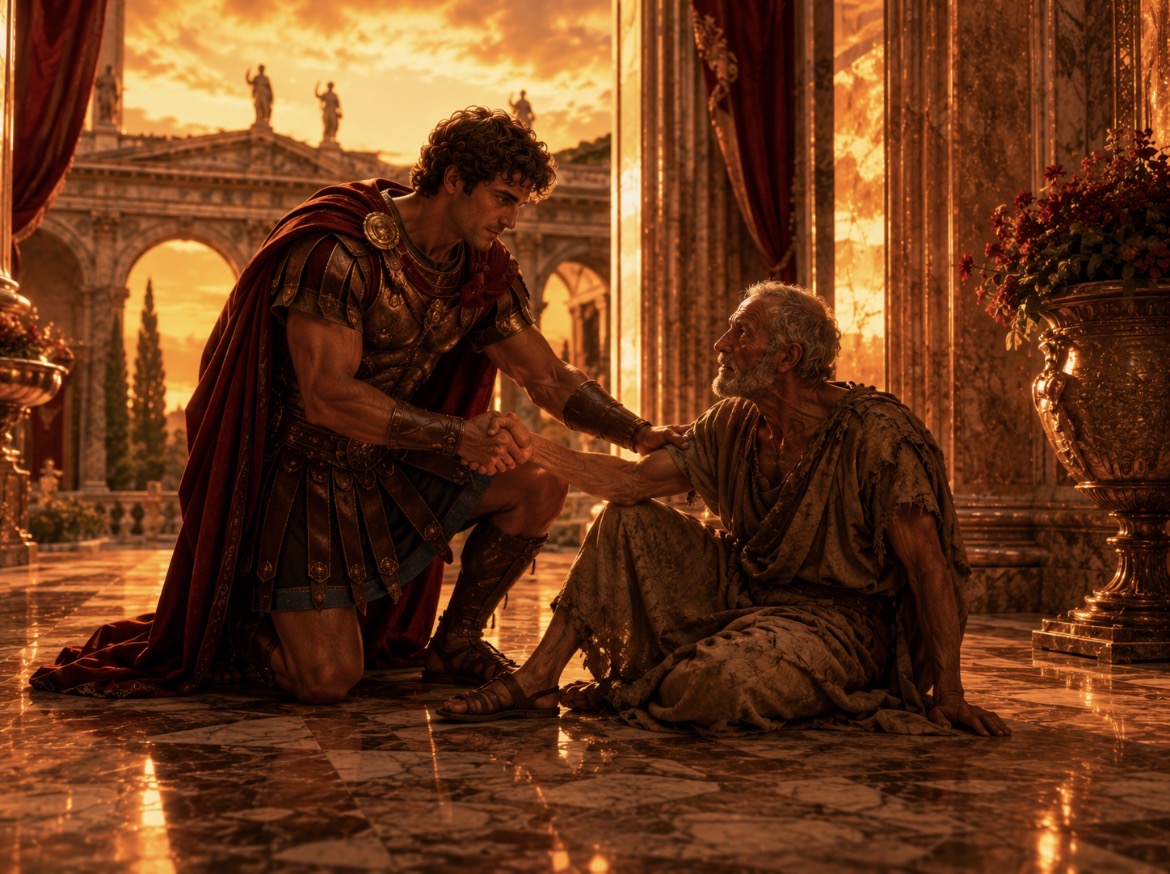 A strong yet serving Roman guardian helps a vulnerable elderly man to his feet in warm evening light
