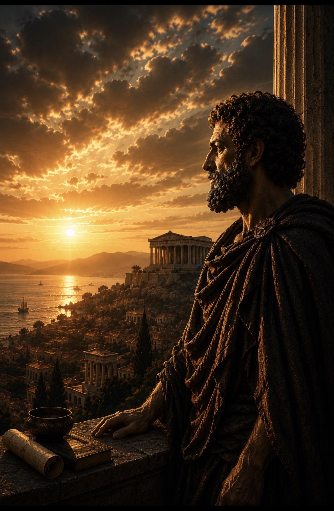 Stoic philosopher overlooking an ancient city at sunset
