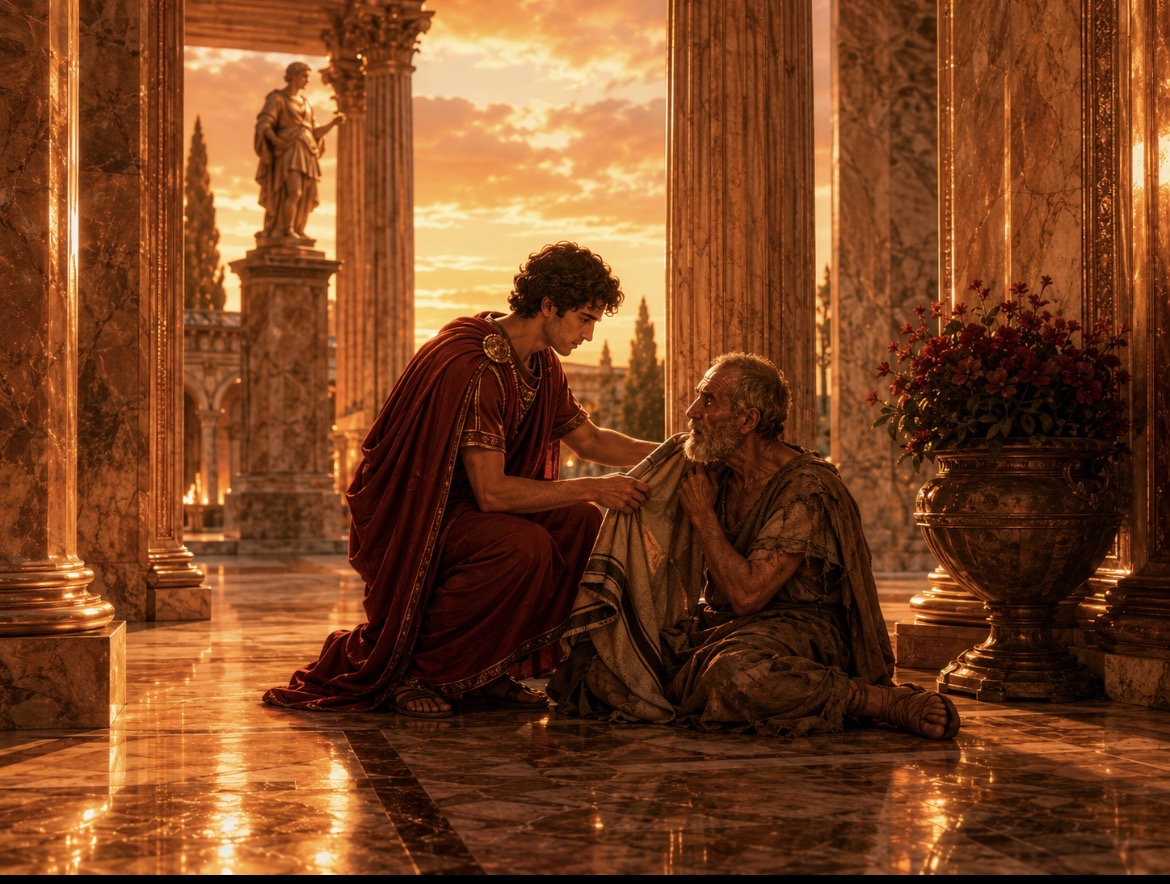 Noble help without audience: someone helping a vulnerable person in the evening twilight, unseen