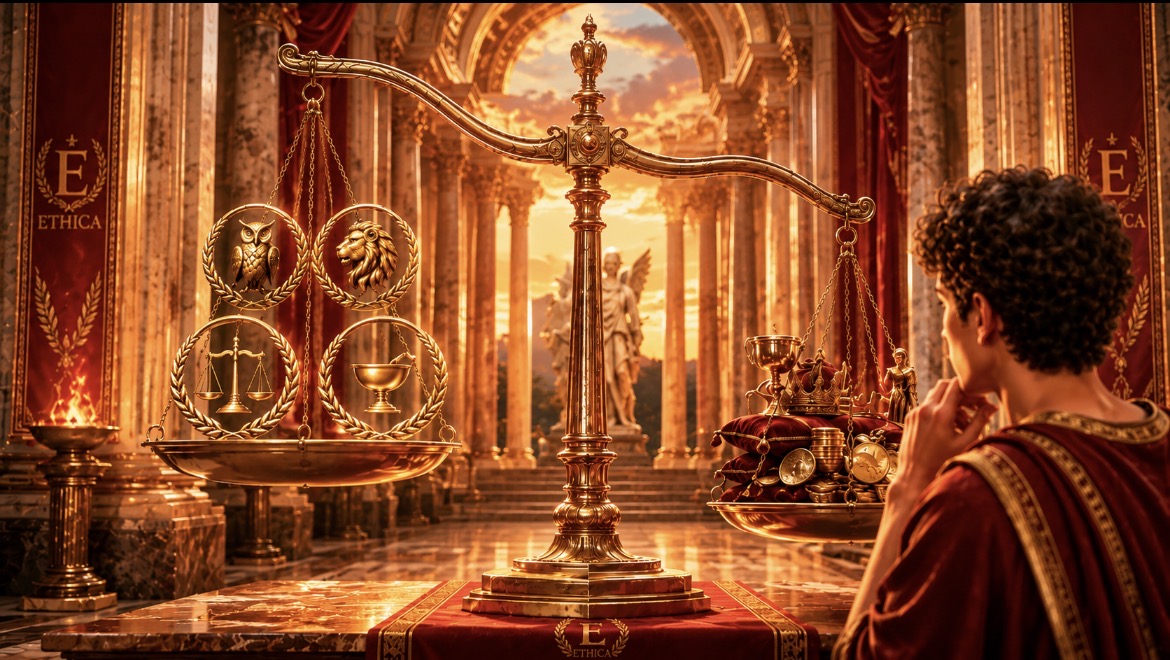 Golden scales weighing the four virtues against gold, laurels and a crown