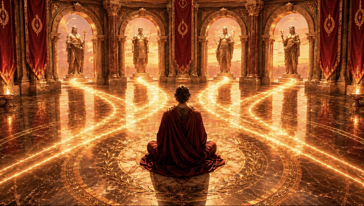 A person seated between statues where paths of light cross the floor: the moment of choice before action