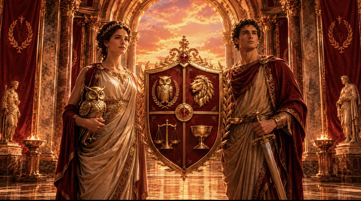 Two guardians of virtue, a woman and a man, standing beside the shared shield of the four virtues