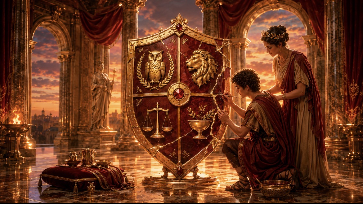 A damaged shield carefully repaired with gold: staying good and repairing after failure