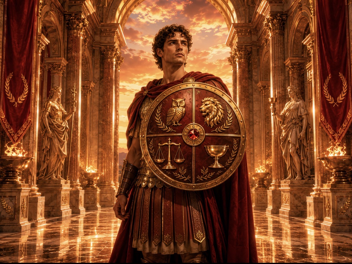 The guardian of virtue standing alone, bearing the shield of the four virtues: inner strength without audience