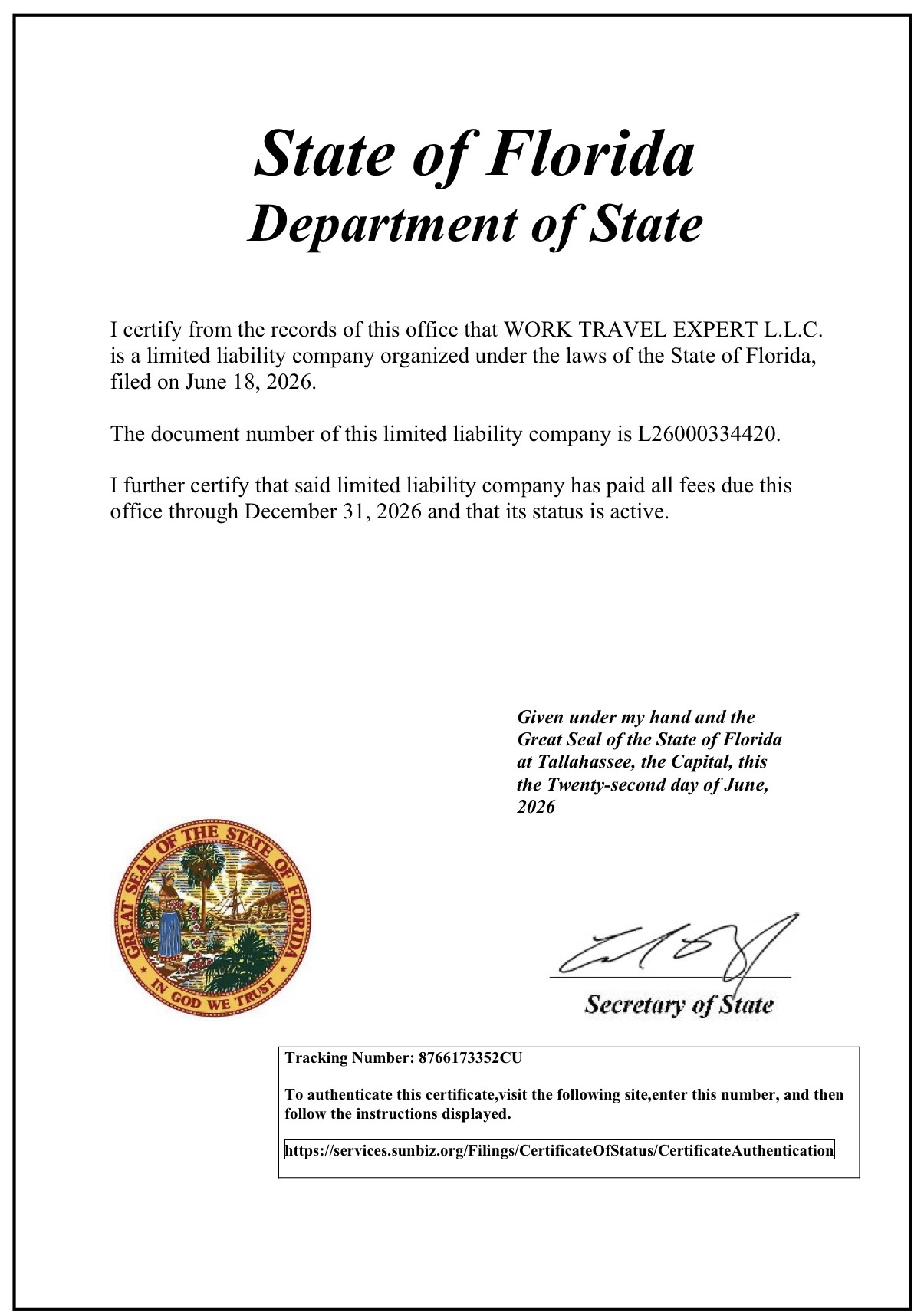Certificate of Status — Florida Department of State